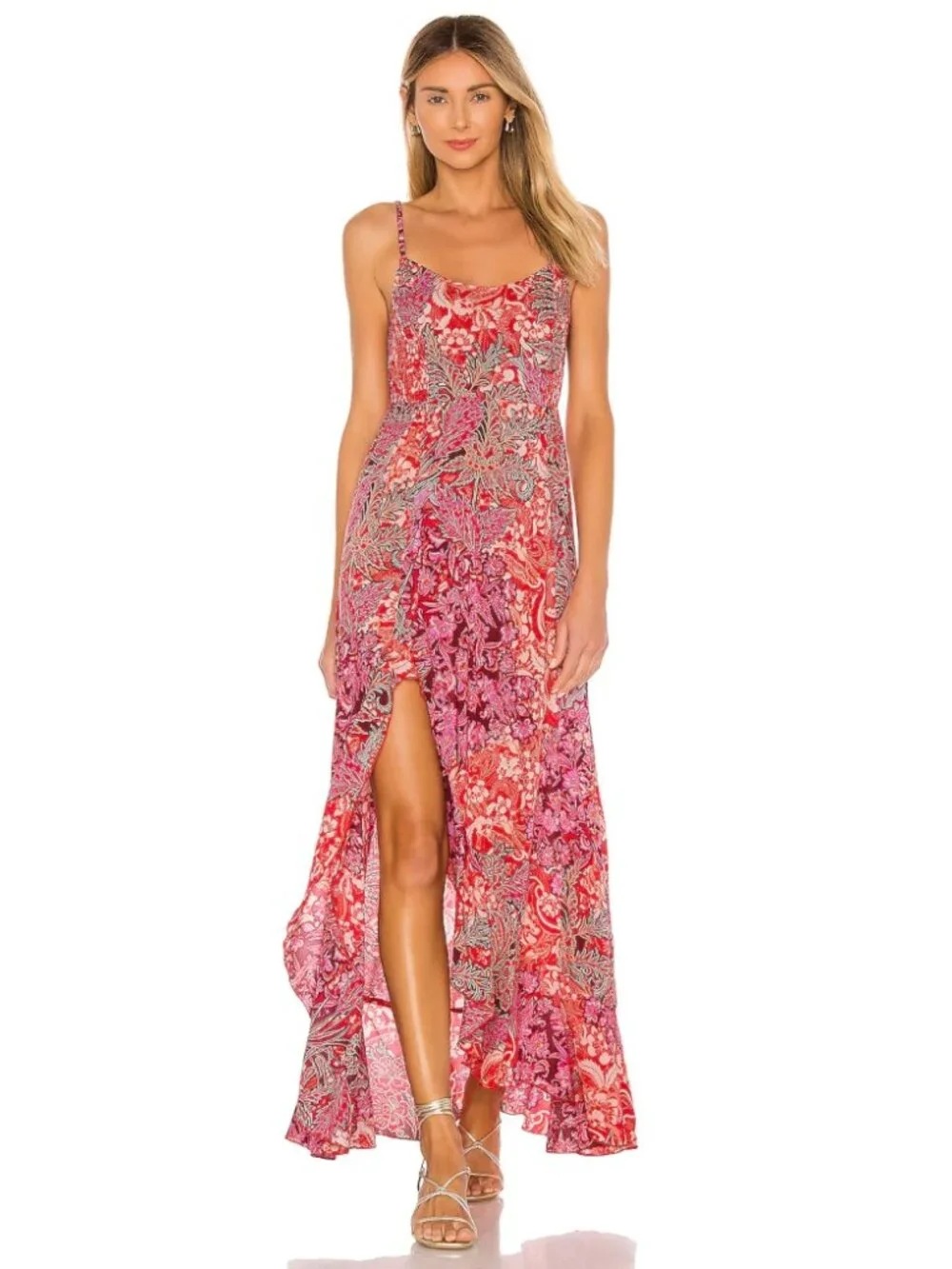 Free People Forever Yours Smocked Slip Dress Red Floral Asymmetrical Resort XS